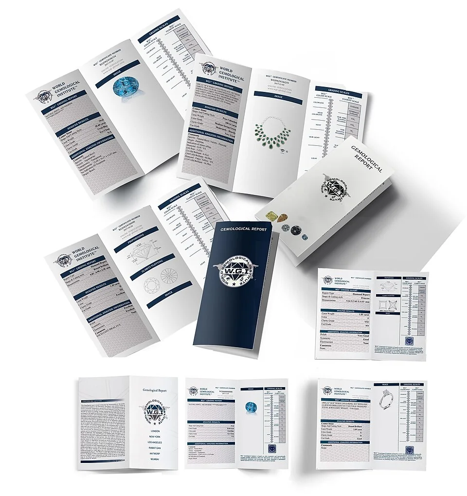 Gemological report booklets and documents arranged on a white background.