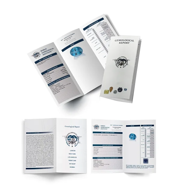 Gemological report booklets showing several report formats on a white background.