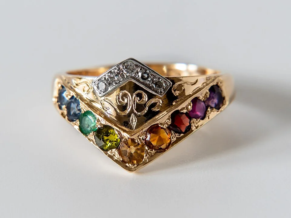 Ornate yellow-metal ring with differently colored stones and pale accent stones.