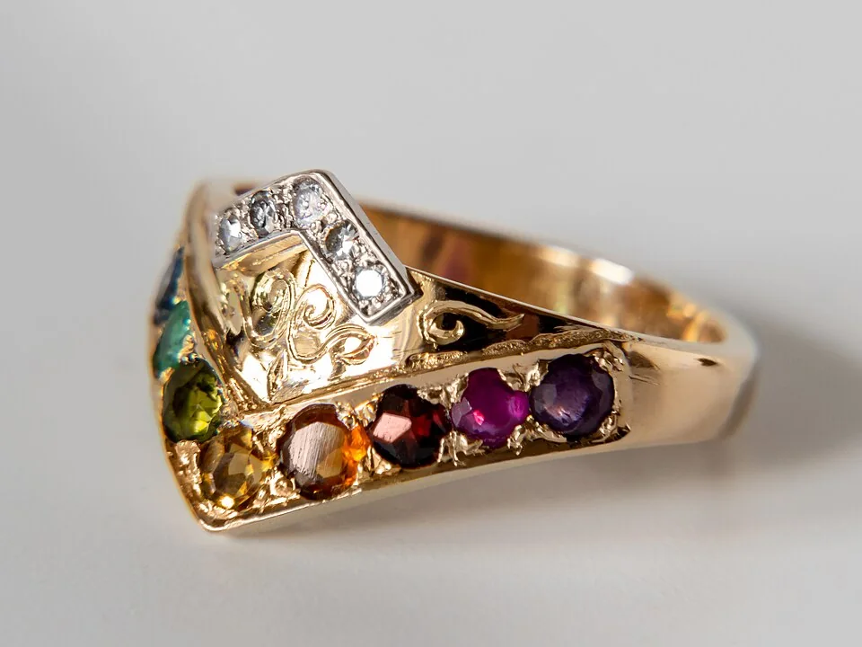 Side view of an ornate yellow-metal ring set with differently colored stones.