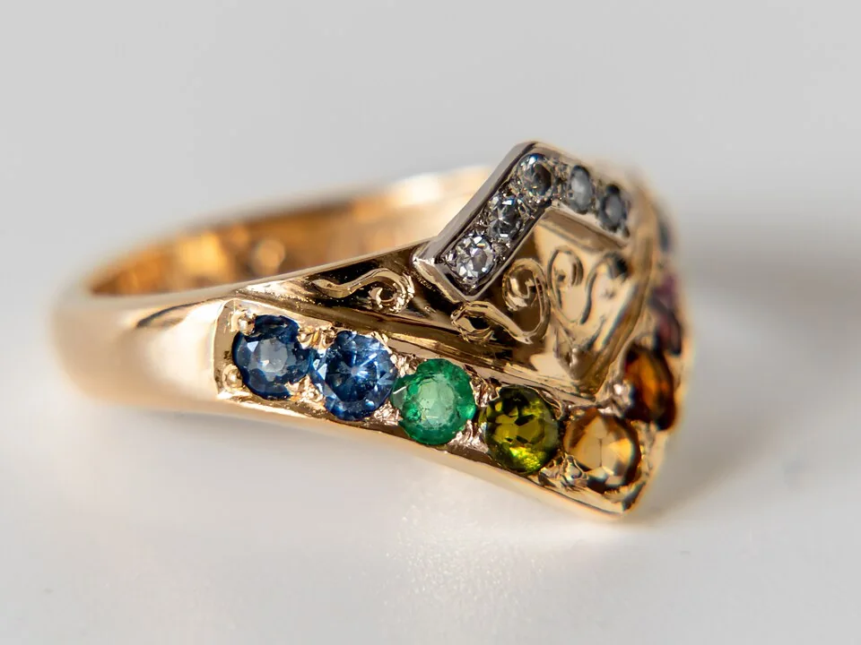 Ornate yellow-metal ring with blue, green, yellow, and red stones viewed from the side.